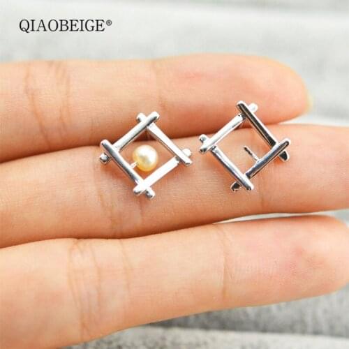 QIAOBEIGE 100% 925 Sterling Silver Stud Earring Women diamond shape pearl accessory Wholesale diy Easter Festival Jewelry gift