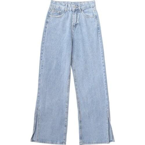 Light Blue Baggy Jeans Woman Desigual Side Split Hem Womens Denim Pants High Waist Straight Leg Long Trousers Spring Autumn 2021
