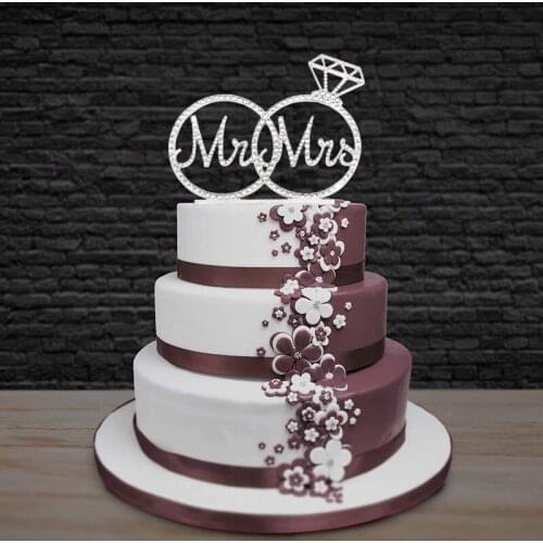 Mr & Mrs Cake Topper For Wedding Anniversary Rings Crystal Rhinestone Party Decoration Gold Silver Wedding Cake Topper