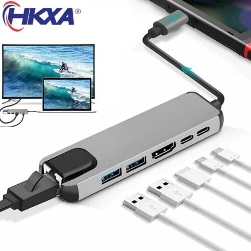 USB 3.1 HUB Type C to HDMI-compatible RJ45 PD USB 3.0 Multi Adapter Dock Accessories Type C Splitter 6 Ports HUB for MacBook Pro