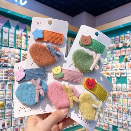 2 Pcs Sweet Girl Cute Cartoon Flower BB Clip Beautiful Candy Color Plush Bow Love Hairpin Fashion Childrens Hair Accessories