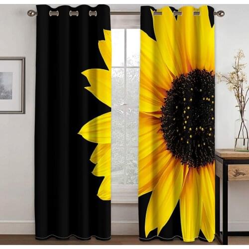 3D Black Bright Sunflower Landscape Pattern Shading Curtain Set Hook, Suitable for Home Curtains In Living Room and Bedroom