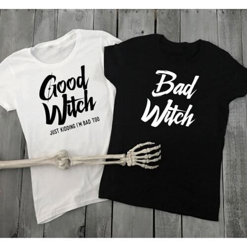 Good Witch And Bad Witch T-shirt Funny Best Friend Matching Halloween Party Gift Tshirt Women O-Neck Slogan Grunge Tee Shirt Top