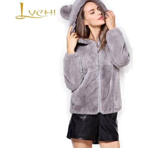 LVCHI Winter2017 Real Natural Rex Rabbit Fur Coat Womens With Fur Hood Long Sleeve Causal Slim With Hat Rex Rabbit Fur Coats