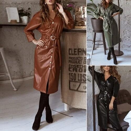 Women Casual Pu Leather Straight Party Dress Ladies Long Sleeve V Neck Elegant High Waist Midi Dress