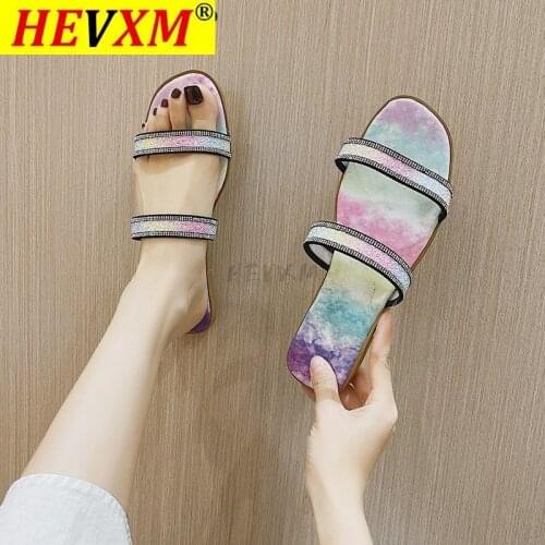 Flat slippers women 2021 summer European And American New style Rainbow diamond Drag Casual Beach Sandals Women