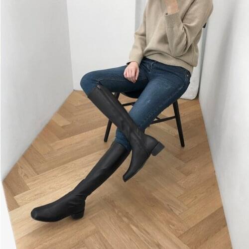Womens Boots In Sizes 33-42 Square Head Thick Heel High Heel Knee High Boots Leather Autumn and Winter Boots Black Beige