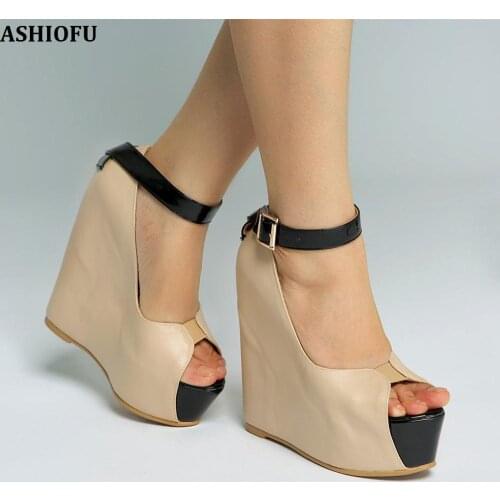 ASHIOFU Handmade Womens Wadge Heel Pumps Buckle Strap Peep-toe Party Prom Dress Shoes Large Size Fashion Evening Court Shoes