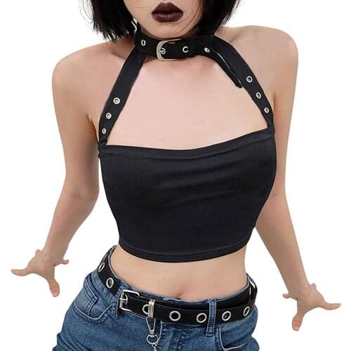 Y2k Women Punk Halter Crop Top Sexy Casual Choker Buckle Halter Neck Crop Bandeau Tank Top Summer Tee Shirt Femme Cropped Tops