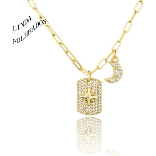 LINDA FOLHEADOS Design Women Moon Jewelry Golden Cubic Zirconia Copper Pendant Charm Necklace Gift Classic Link Chain Party