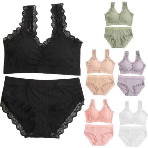 Women Ice Silk Ribbed Sports Underwear Lace Trim Wirefree Fitness Bra Panty Set A0NF