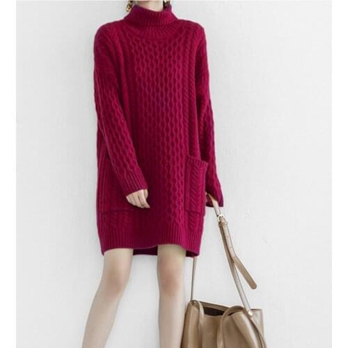 100% lambswool twisted knit women fashion high collar mid long pullover sweater dress wide loose solid color M/L