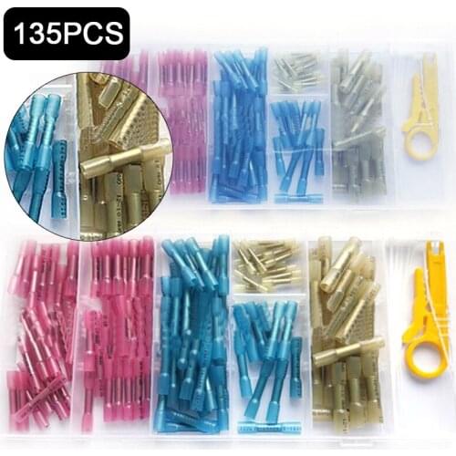 135PCS Heat Shrink Insulated Butt Wire Crimp Electrical Connectors Terminals Set Dual-walled Butt Connectors With Storage Box