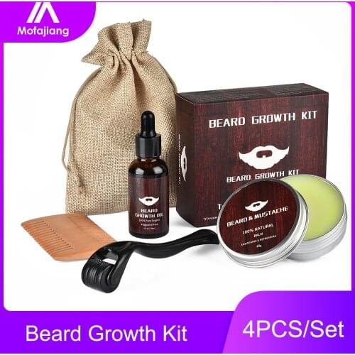 4pcs Beard Growth Oil Kit Derma Roller 540 Titanium 0.25mm Mustache Balm Comb for Men Micro Needle Mezoroller Dermaroller Serum