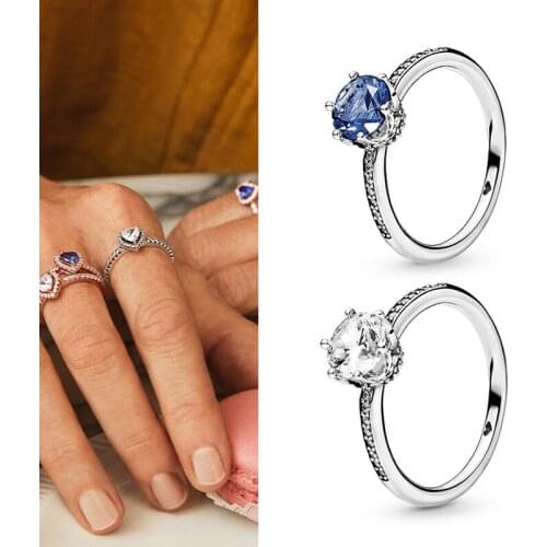 925 кольцо Silver Pan Ring Blue Sparkle Crown With Large Crystal Cz Pan Ring For Women Wedding Party Fashion Jewelry
