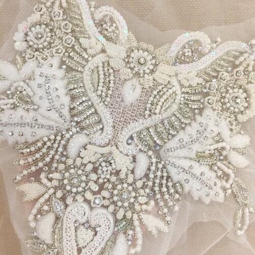 Rhinestone Crystal Appliques, Tulle Silk Beading Lace Collar with Lace Backing Wedding Dress Belt Bridal Couture Applique