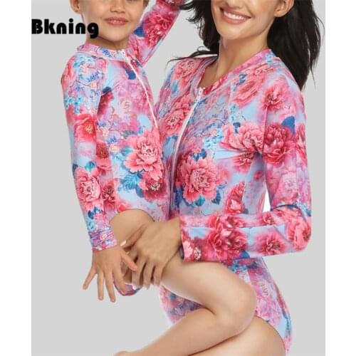One Piece Swimsuit Floral Parent-child Swimwear Women Print Long Sleeve Zipper Mother Daughter Family Matching Outfits Swim Suit