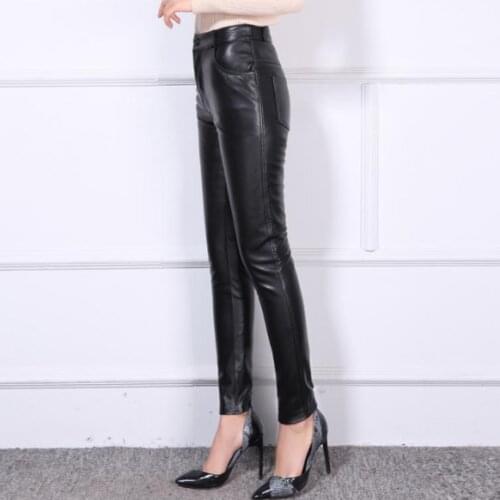 Black Genuine Leather Pants Womens Spring And Autumn Genuine Sheepskin Leather Pants OL Show Slim Leggings Pants Of Boots AQ197
