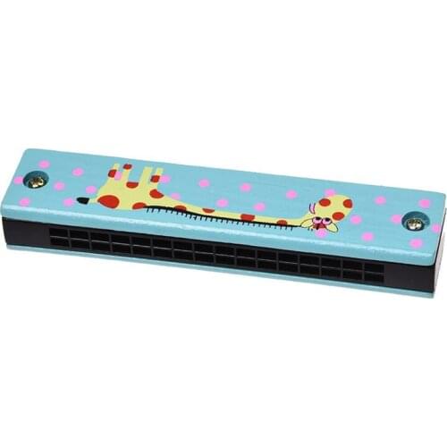Wooden giraffe pattern dual series 32 hole harmonica child blue