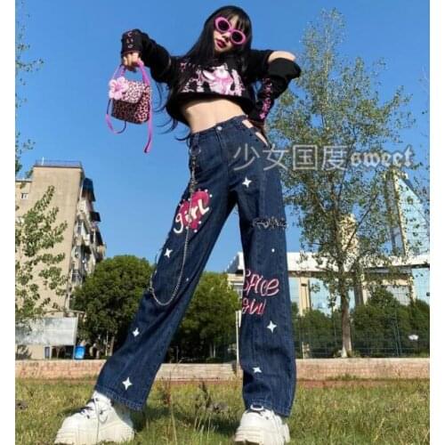 Hot Girl Japanese Korean High Waist Pant Chains Wide Leg Denim Cartoon Printing Sweet Loose Cargo Mopping Jeans Girls