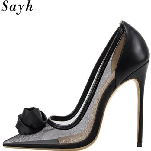Elegant Women Black Mesh Thin High Heels Satin Rose Flower Pumps Pointed Toe Slip On Shoes Bridal Dress Stilettos
