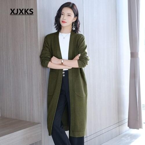XJXKS Fashion V-neck with pockets women long cardigan sweater 2020 autumn winter new plus size cashmere knit sweater women coat