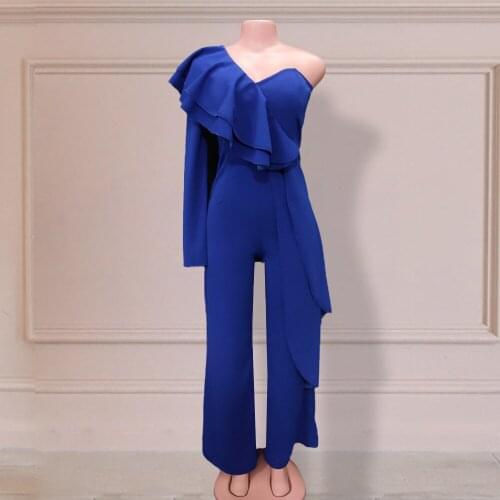 2020 New Women Female Fashion High Waist Jumpsuit One Shoulder Long Sleeve Elegant Blue Romper Trousers Ladies Pants