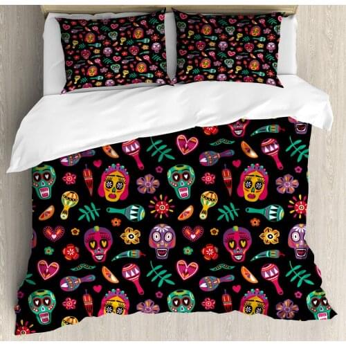 Day of The Dead Duvet Cover Set Repetitive Pattern with Mexican Colorful 3 Piece Bedding Set Charcoal Grey Multicolor