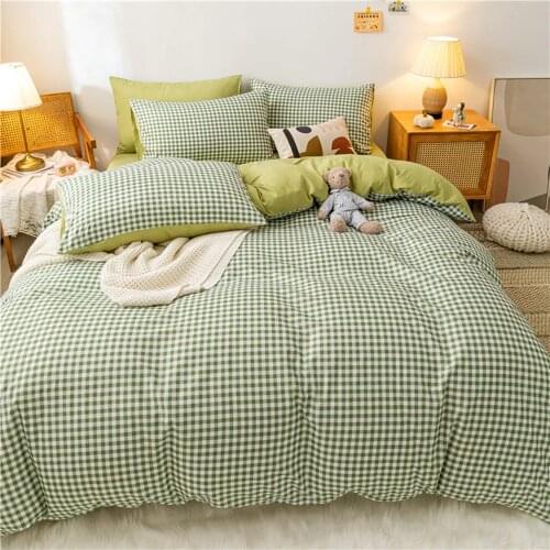 Green Grid 4pcs Bedding Set Quilt Cartoon Duvet Cover Set Lucky Clovers and Plaid Reversible Bed Linen Luxury Home Textile