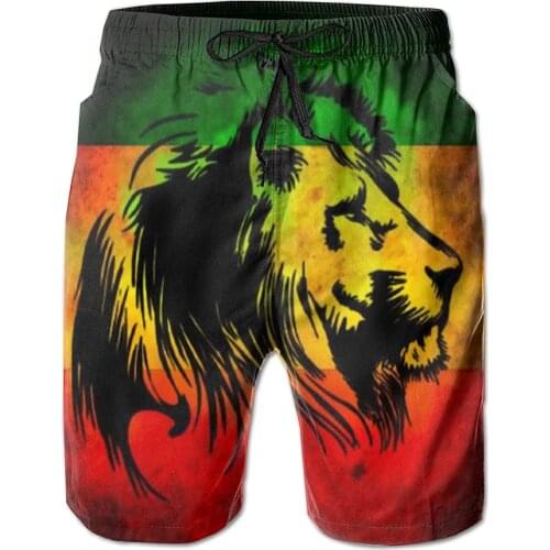 Mens Swim Trunks Rastafarian Lion Of Judan Jamaica Printed Beach Shorts Quick Dry Summer Boardshorts With Mesh Lining