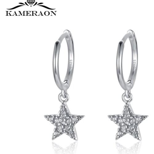 Real S925 Sterling Silver Star Shape Hoop Earring Cute Small Circle Earrings for Women Girls Birthday Simple Noble Jewelry Gift