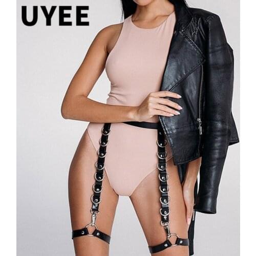 UYEE Women Thigh Garter Belts Sexy Body Bondage Harness PU Leather Metal Rivet Suspenders Gothic Waist To Leg Stockings Garter