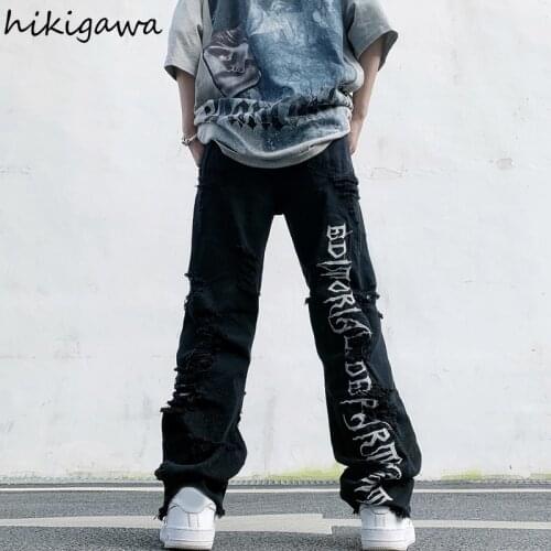 Hikigawa Ripped Jeans for Women Streetwear Harajuku Black Wide Leg Pants Letter Print Straight Loose Casual Korean Trousers