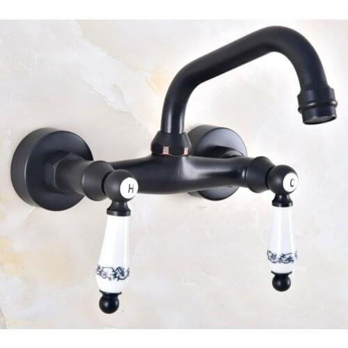 Kitchen Wet Bar Bathroom Vessel Sink Faucet Black Oil Rubbed Brass Wall Mounted Swivel Spout Mixer Tap Dual Ceramic Lever mnf822
