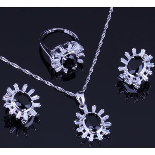 Gorgeous Black Cubic Zirconia White CZ Silver Plated Jewelry Sets Earrings Pendant Chain Ring V0246