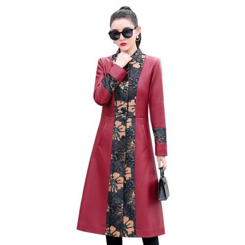 Large Size Stand Collar Leather Coat Women Coats New 2021 Womens Leather Clothing Long Slim Motorcycle Leather Jacket Female