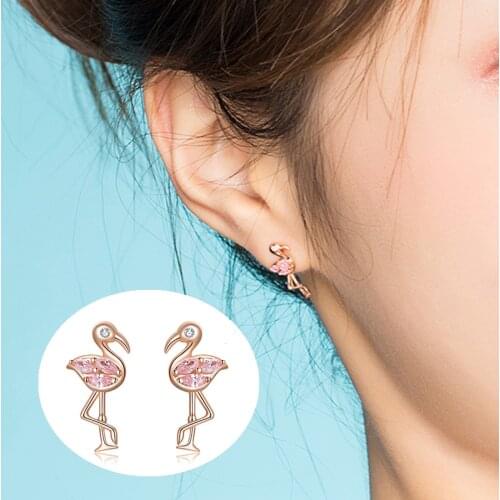WOSTU 925 Sterling Silver Flamingos Stud Earrings For Women Best Sale Jewelry Sweet Gift CTE120