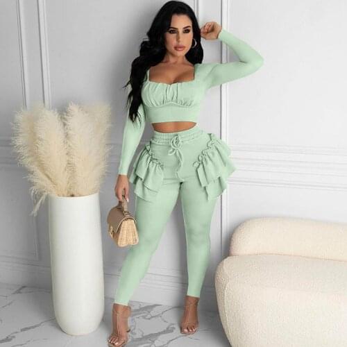Sexy 2 Piece Outfits for Women Festival Clothing Long Sleeve Crop Top and Ruffles Pant Suits Streetwear Party Club Matching Sets