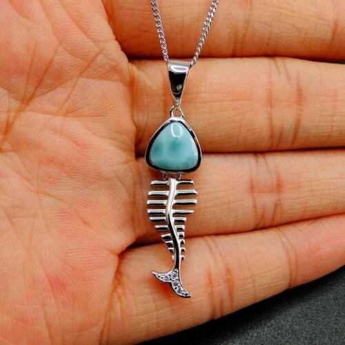 Sea Life Natural Dominica Larimar Jewelry 925 Sterling Silver Natural Larimar Sea Fish Pendant Neckalce For Women Jewelry