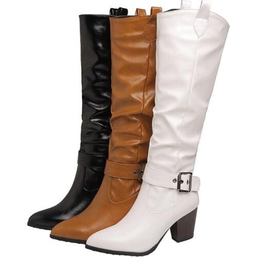 Winter 2021 Fashion Womens Shoes High Heel Boots Black White Brown Mid Calf Buckle Long Western Cowboy Boots for Women Shoes 43