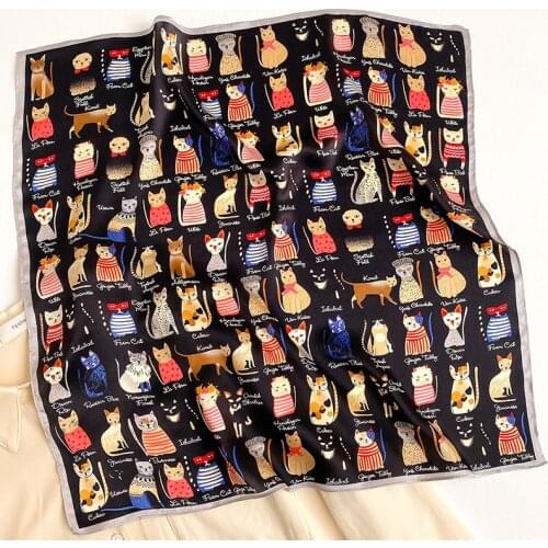 100% Pure Silk Scarf Women Cat Print Square Foulards Small Neckerchief Female Bandana Hijab Natural Silk Head Scarves Wraps 53CM