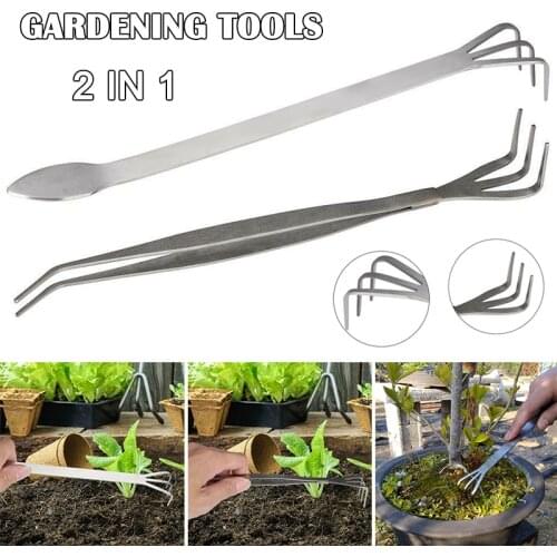 2 in 1 Stainless Steel Bonsai Gardening Tools Root Rake Spatula Tweezers Garden SDF-SHIP