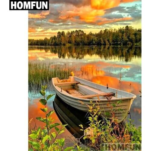 HOMFUN Full Square/Round Drill 5D DIY Diamond Painting "Wooden boat lake" Embroidery Cross Stitch 5D Home Decor Gift A01372