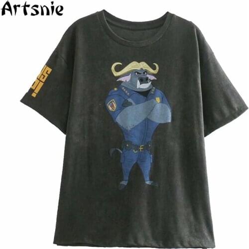 Artsnie Cartoon Print Disney T Shirt Women Summer 2021 O Neck Short Sleeve Tops Streetwear Dark Gray Knitted Ladies T-shirts