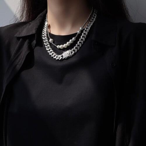 Hip Hop Rhinestones Chain Necklaces For Women Punk Men Curb Cuban Silver Color crystal Thick chain necklace Jewelry Accessories