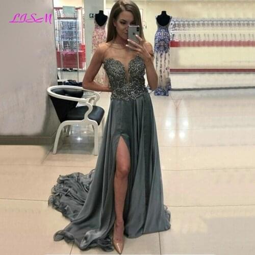 Long Evening Dresses Scoop Lace Applique Beaded Evening Gowns Sexy Side Split Women Special Occasion Formal Party Dress