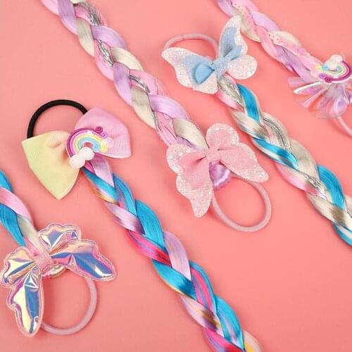 Kids Bowknot Colorful Rainbow Wig Pigtail Girls Elastic Hair Band for Glitter Sequin Scrunchies Children Hair Ropes Headwear