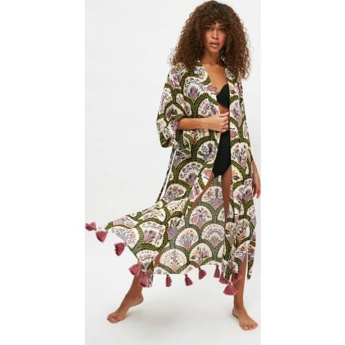 Colorful Shawl Patterns Tasseled Kimono&Caftan Womens Robe 100% Cotton Summer Casual Holiday Beach Street Style