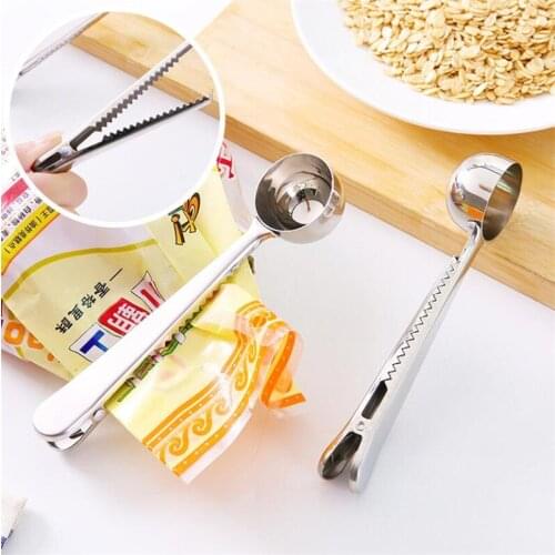 Two-in-one Multifunction Coffee Spoon Stainless Steel Kitchen Supplies Scoop With Bag Seal Clip Coffee Measuring Spoon