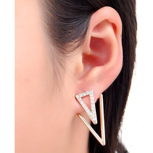 Fashion Double Sided Zircon Crystal Triangle Stud Earrings For Women Girls Rhinestone Geometric Earrings Female Jewelry Gifts